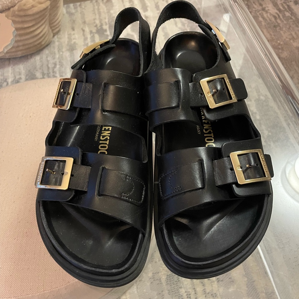 Birkenstock Black and Gold Sandals with Wide Straps